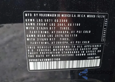 2021 Volkswagen Tiguan 2.0T S из США, поврежденный, VIN 3VV0B7AX3MM031908